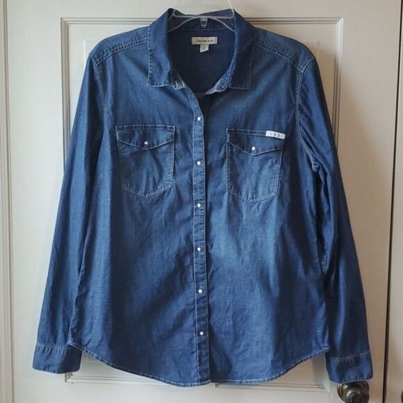 CALVIN KLEIN JEANS STRETCH DENIM WHITE SNAP UP SHIRT SIZE LARGE RODEO WESTERN - Picture 1 of 10